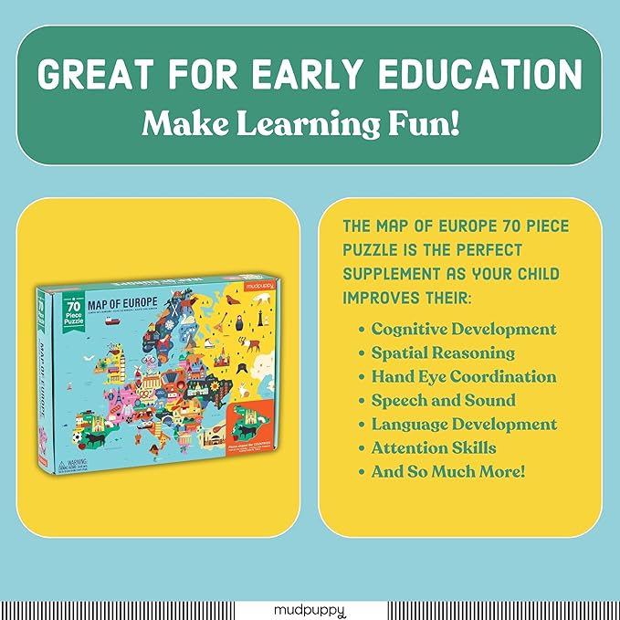 Mudpuppy Map Of Europe – 70 Piece Geography Puzzle with Country-Shaped Pieces and Iconic Landscapes Cultural Items And More