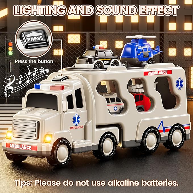5-in 1 Play Ambulance Toy Vehicle Toddler Truck Toys for 3 4 5 6 7 Year Old Boys - Friction Powered Cars with Light and Sound, Police Car, Fire Truck, Ambulance Car, Birthday Gifts for Kids