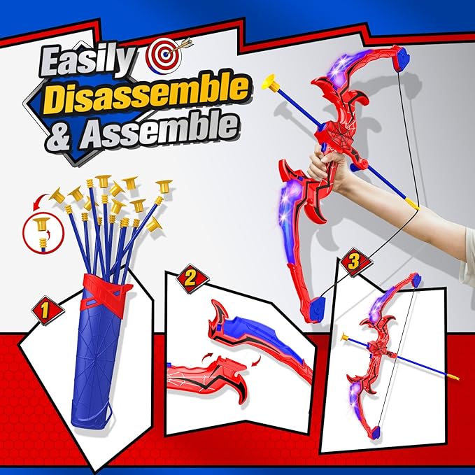 Spider Bow and Arrow for Kids, 2 Pack Archery Target Outdoor Toys Age 5-7 8-13 Boys Toys Light Up Shooting Games for 4 5 6 7 8-12 Year old Boy Birthday Gifts Bow Arrow Indoor Cool Stuff for Kid