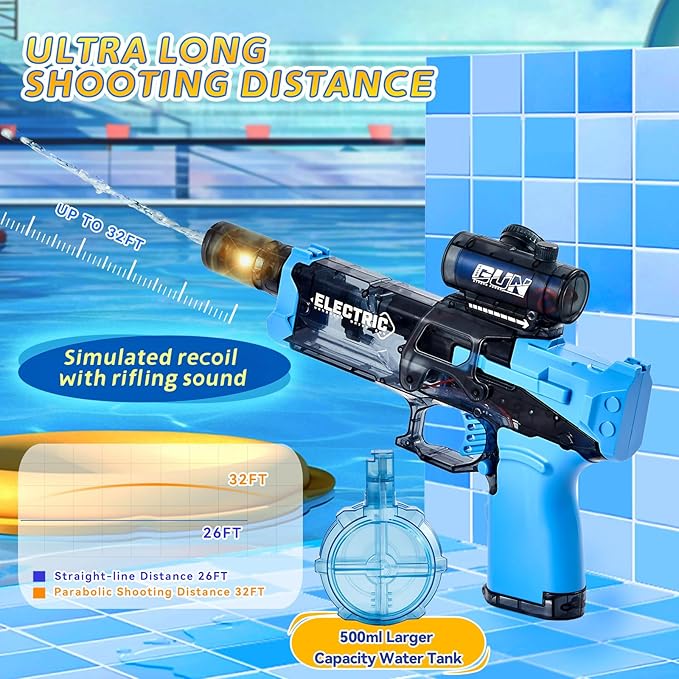 Electric Water Gun with Muzzle Flash & Recoil Effect,500CC High Capacity Automatic Squirt Guns,Up to 32 FT Range for Swimming Pool Party Beach,Outdoor Activity for Adults & Kids(Blue)