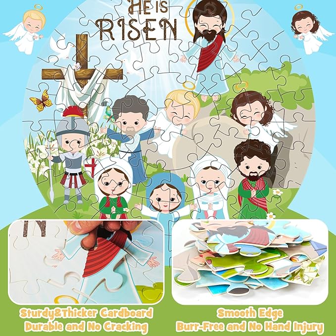 Christian Easter Gifts Basket Stuffers for Kids, 70Pcs Large Easter Floor Puzzles for Kids Age 4-8, He is Risen Jigsaw Puzzles Basket Essentials for Boy Girls