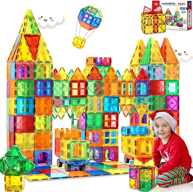 Magnetic Tiles 100PCS with 2 Cars Magnet Building Blocks for Kids Educational Magnetic Blocks Sensory Toys Montessori Stacking Gift for 3 4 5 6 7 Year Old Boys Girls Construction STEM Toys Set