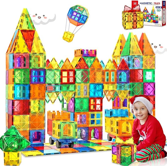 Magnetic Tiles 100PCS with 2 Cars Magnet Building Blocks for Kids Educational Magnetic Blocks Sensory Toys Montessori Stacking Gift for 3 4 5 6 7 Year Old Boys Girls Construction STEM Toys Set