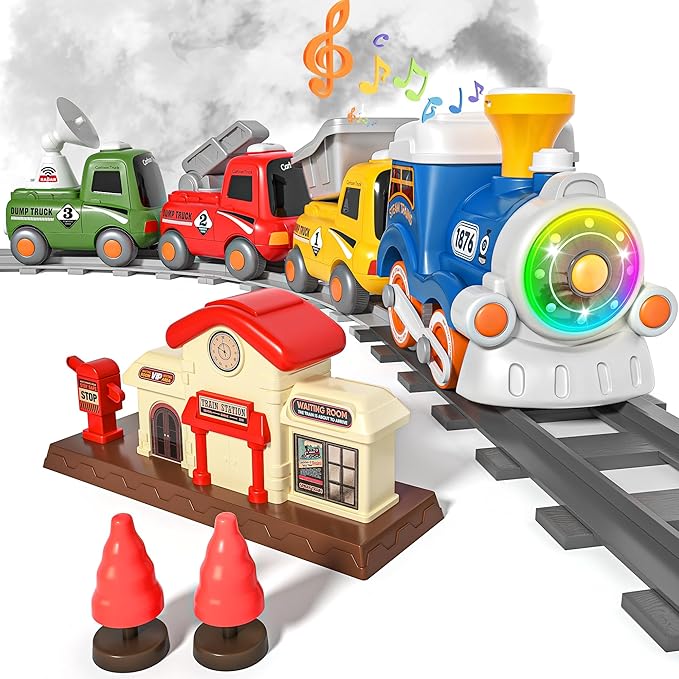 Train Set for Toddlers w/Steam, Music & Lights - First Choo Choo Train for Toddlers, Electric Train Set for Kids, Magnetic Train Toys, Christmas Birthday Gifts for Boys Girls