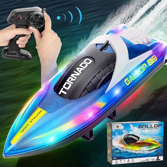 Remote Control Boats for 8-12, 15+ MPH Fast RC Boat with LED Lights, 2.4G RC Electric Speed Boats Pool and Lakes Toys for Kids
