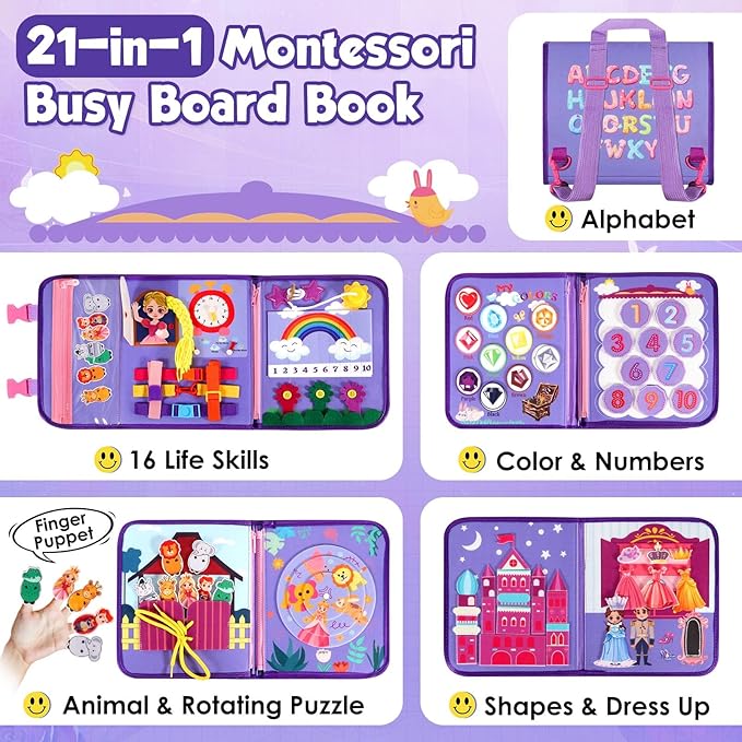 Purple Montessori Busy Board Book for Toddlers 1-3, Montessori Toys for 1-3 Year Old Girl Birthday Gift, Educational Quiet Activity Books for toddlers 2-4 Ages 2-4 Travel Toys for Airplane Car
