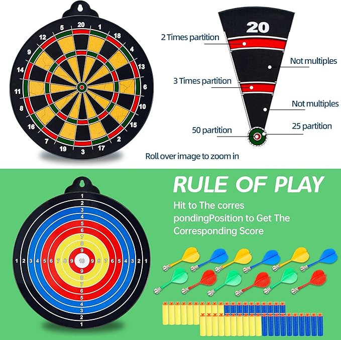Magnetic Dart Board for Kids-12Magnetic Dart/Sticky Balls Or 2 Toy Gun+40 Foam Dart.Indoor/Outdoor Kids Games and Party Games,Christmas Birthday Gifts Toys for 3-12 Year Old Boys