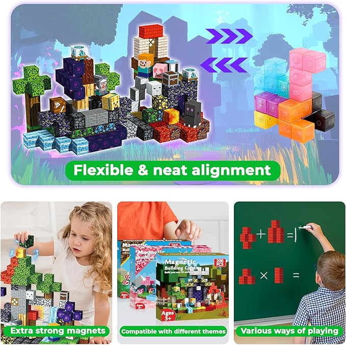 200PCS Magnetic Building Blocks - Stacking Magnets for Kids, Sensory Toy for Toddlers STEM Learning, Birthday Gifts for 3-10 Years Old Boys Girls, Magnetic Blocks for Kids Ages 4 5 6 7 8