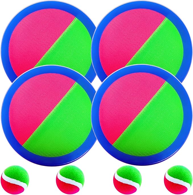 AppleRound Toss and Catch Velcro Ball Set (Hook and Loop), Kids Outdoor Games, Beach Toys, Backyard Sports, Paddle Ball Games (Pack of 4 Paddles and 4 Balls)