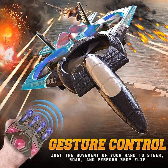 BEZGAR RC Airplane, 2.4GHZ 6-axis Gyro Remote Control Airplane, Gesture Control RC Helicopter, 360° Flip Fighter Jet Toy, Toys for Ages 8-13 with Colorful LED Navigation Lights Blue