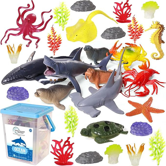 Ocean Sea Animal Figure Toys for Kids 3-5, Realistic Sea Life Figures Animal Toys Sand Toys Beach Bath Playset Include Shark, Whale, Corals, Seagrass, Crab, Octopus, Turtle for Toddler, Boys & Girls