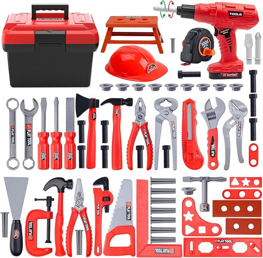iKaufen Kids 68-Piece Toddler Tool Set with Tool Box & Electric Toy Drill - Pretend Play Construction Toy Set for Boys & Girls Ages 3-6