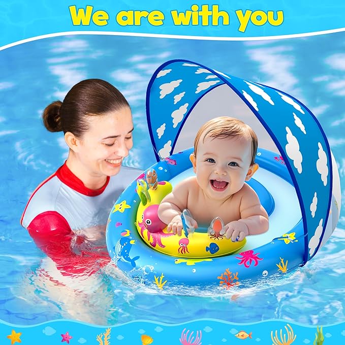 ZIZZ Baby Pool Float with Canopy - 2025 New Inflatable Baby Swim Float with UPF50+Sun Protection, Baby Infant Pool Float with Toy Play Console Adjustable Seat for Toddler Kids Aged 6-36 Months