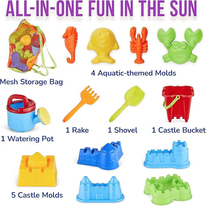 Click N' Play Toddler Beach Toys for Kids 3-10 - 13 Piece Sand Toys Including Sand Bucket, Watering Can, Rake, Shovel, 9 Sand Molds, and Mesh Beach Toy Bag - Beach Sandbox Toys for Toddlers & Kids