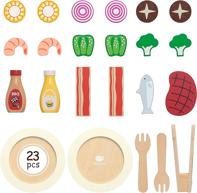 Wooden Play Food for Kids Kitchen - 24 Pcs Montessori Pretend Play Kitchen Accessories, Educational Learning Toys with Toy Fruits, Vegetables & Meat, Gift for Boys Girls Ages 3-6