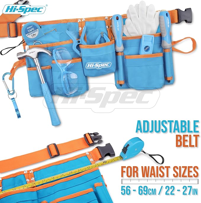 Hi-Spec 16pc Blue Kids Tool Kit Set & Child Size Tool Belt. Real Set for DIY Building, Woodwork & Construction Learning for Kids