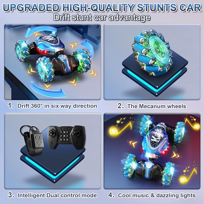 Remote Control Stunt Car, Gifts Toys for Boys 4-12 Year Old, Gesture Sensing RC Cars 2.4GHz 4WD Drift Hand Controlled Twist Cars, Off-Road 360° Rotating Transform Cars with Lights & Music