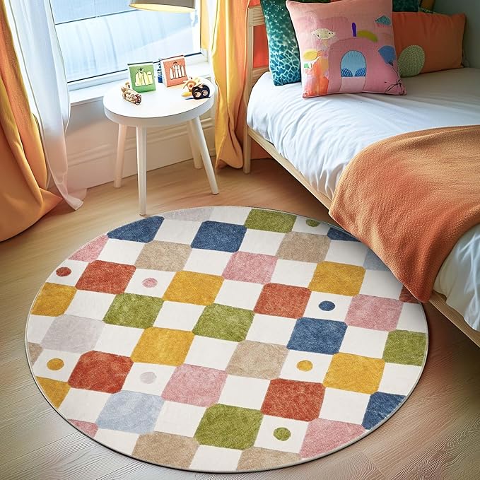 jinchan Round Rug 5ft Kids Washable Rug Colorful Trellis Indoor Floor Cover Non Slip Soft Modern Living Room Diamond Carpet for Nursery Room Bedroom Playroom Circus on Cream