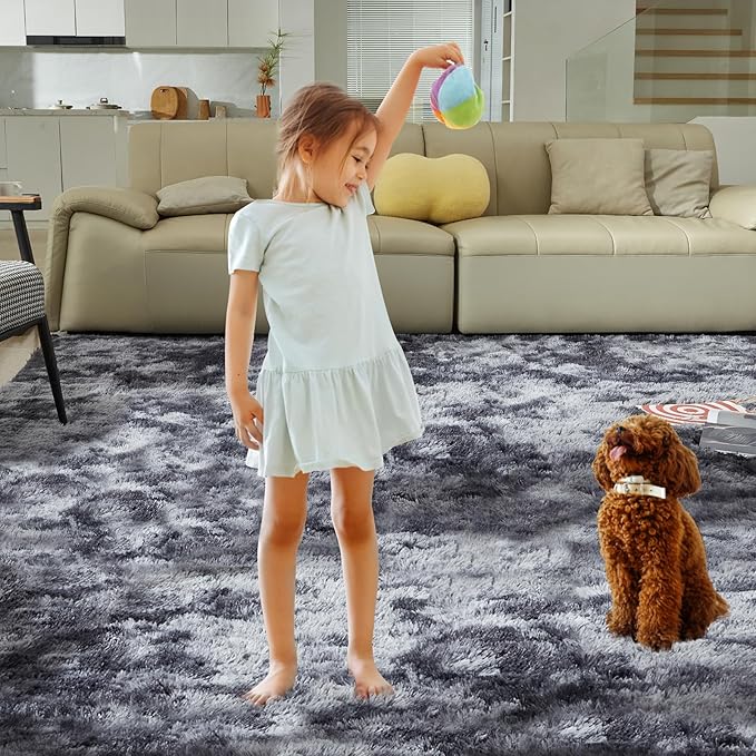 5X8 Ultra Soft Rug for Living Room, Fluffy Shag Area Rug for Bedroom, Modern Shaggy Carpets Fuzzy Rug for Teens Dorm Nursery Home Decor Aesthetic, Upgrade Anti-Skid Durable, Tie Dye Black and Grey