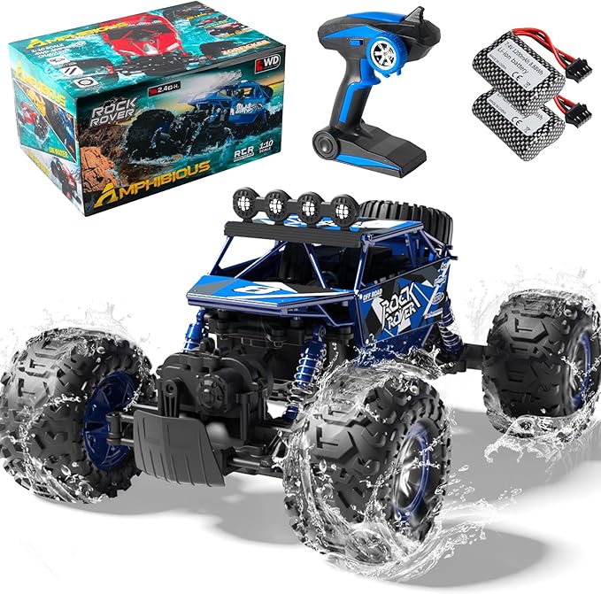 1:10 Amphibious 4WD Large RC Cars, IPX6 Waterproof 30 Km/h Remote Control Car Gifts for Kids 4X4 Off-Road RC Rock Crawler, LED Light, 2.4GHz RC Truck with 2 Batteries 80Mins Play