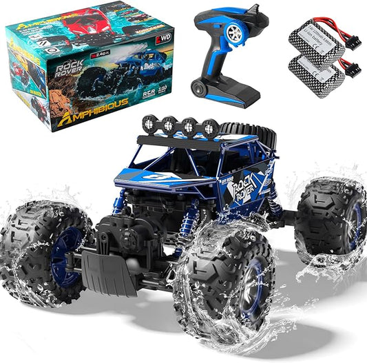 1:10 Amphibious 4WD Large RC Cars, IPX6 Waterproof 30 Km/h Remote Control Car Gifts for Kids 4X4 Off-Road RC Rock Crawler, LED Light, 2.4GHz RC Truck with 2 Batteries 80Mins Play