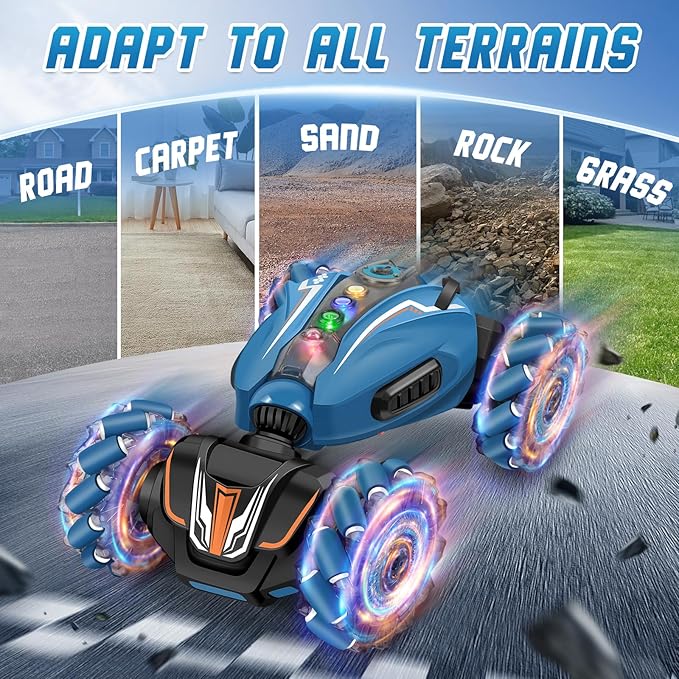 Remote Control Car, 4WD Gesture Sensing RC Stunt Car for Kids with Light & Music, 2.4Ghz 360°Rotation RC Toy with Spray, Hand R/C Speedcar for Boys Girls Age 6 7 8 9 10 Year Old Blue