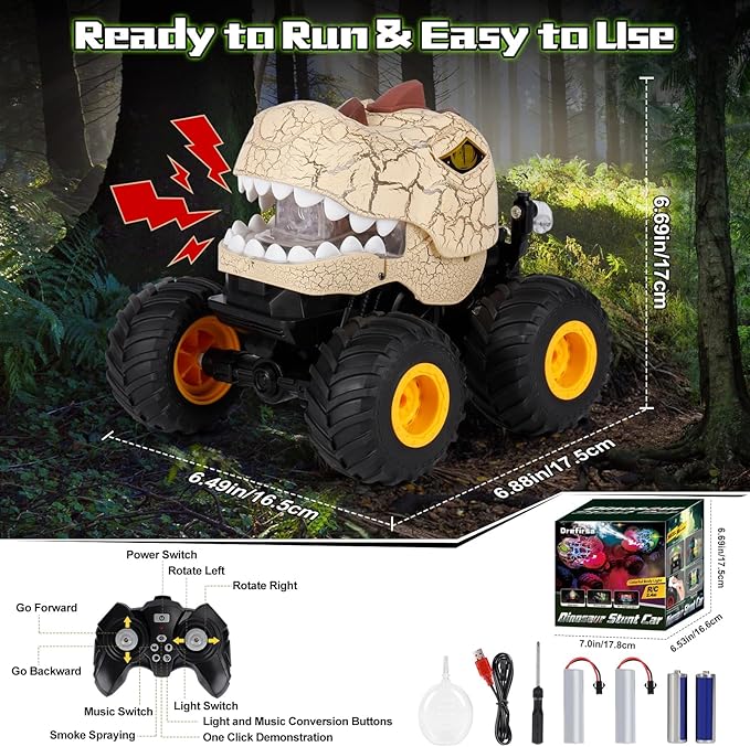 Dinosaur Remote Control Car for Kids Ages 3-5 6-12, Remote Control Monster Truck with Spray, Light, 360° Rolling&90° Driving, All Terrain Dinosaur Toy for Boys Birthday Gift