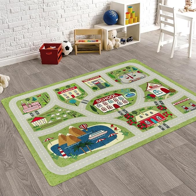 LIVEBOX Green Washable Playroom Rug, 4'x6' Non-Slip Soft Car Rug for Boys Room, Baby Nursery, Kids Floor Mats for Boys Girls Dorm Toy Room Tent