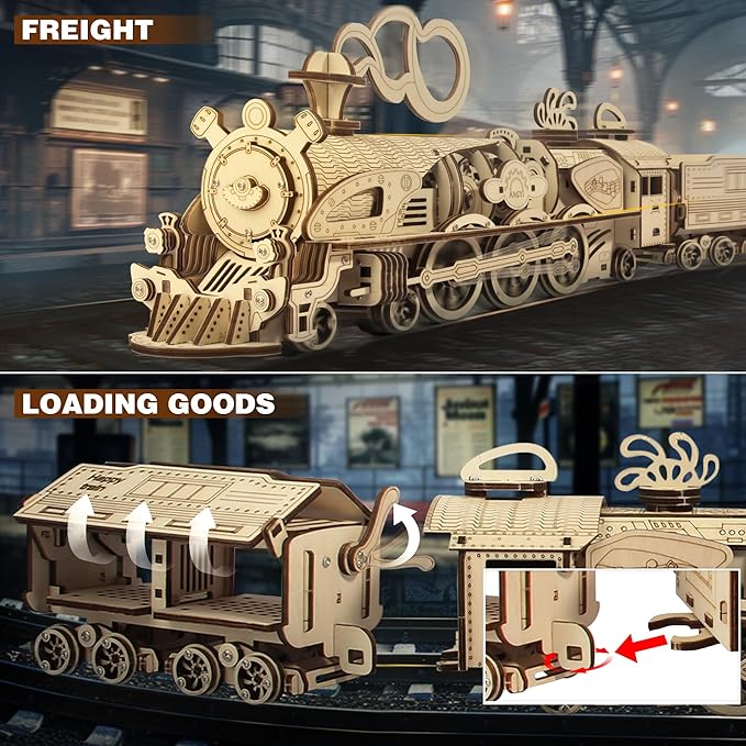 Fuiltee 3D Wooden Puzzles for Adults, DIY Mechanical Train Model Kit, Movable Model Train, Removable Carriages, Unique Gift for 14+ Teens and Adults (279Pcs)