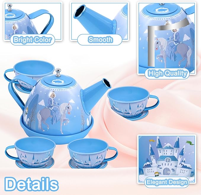 PRE-WORLD Tea Party Set for Little Girls, 46Pcs Princess Tea Time Toy Including Dessert,Cookies,Doughnut,Teapot Tray Cake,Tablecloth,Gloves & Carrying Case,Kitchen Pretend Play for Girls Boys Age 3-6
