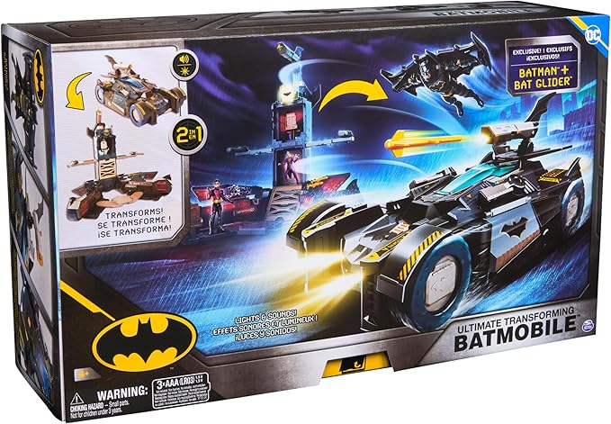 DC Comics Batman, Ultimate Transforming Batmobile Playset, 2-in-1 Playset with Exclusive Figure and Glider, Lights, Sounds, Kids Toys for Boys and Girls 4 and Up
