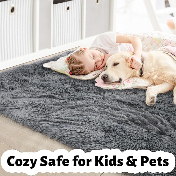 Gray Runner Rugs for Bedroom, 3x5, Fluffy Shag Rugs for Living Room, Furry Bedside Rug for Kids, Teen Boys, Shaggy Throw Rug for Nursery, Fuzzy Plush Grey Carpet, Rectangle, Cute Room Decor for Baby