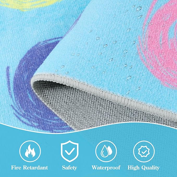 STARUIA Large Classroom Carpet Educational Rug for Kids Room, 6x8.4 Abstract Blue Rug with Colorful Handpainted Circles, Stain-Resistant High-Traffic Kids Area Rug for Playroom Elementary