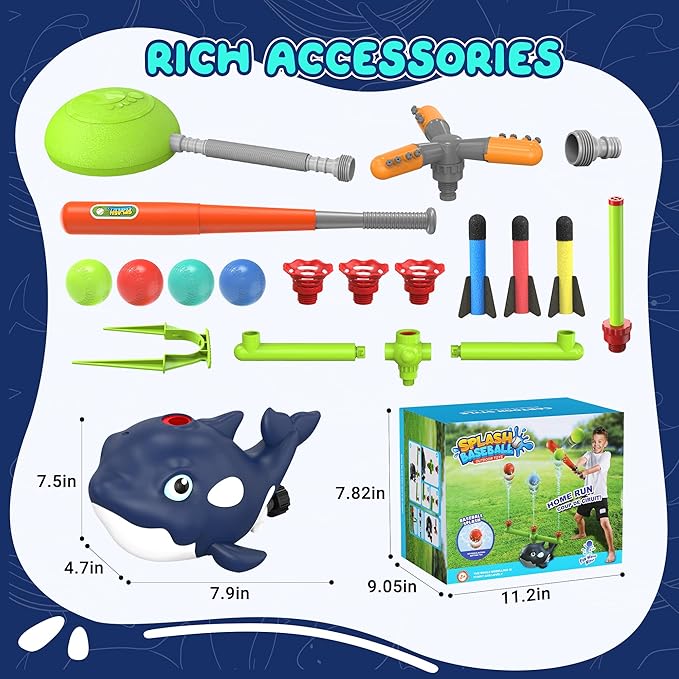 4-in-1 Whale Water Sprinkler Baseball Set for Kids,Summer Water Toy with 3 Jets, 4 Balls and Rocket Launch Game, Kids Sprinklers with 360° Rotating Sprinkler,Outdoor Water Toys for Age 3+ Years