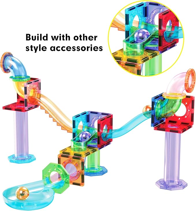 PicassoTiles Magnetic Marble Run Add-On Expansion Pack for Magnet Tile Building Blocks Maze Construction Toy Kit Educational STEM Learning Enhances Creativity Imagination Children Ages 3+ PTG01