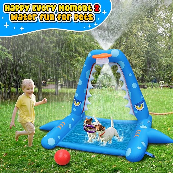 JOSEN Sprinkler for Kids Outdoor Play, Giant Inflatable Shark Water Toys Splash Pad with Basketball Hoop, Fun Sprinkler Summer Outdoor Game for 3-8 Years Old Children Boys Girls Gift