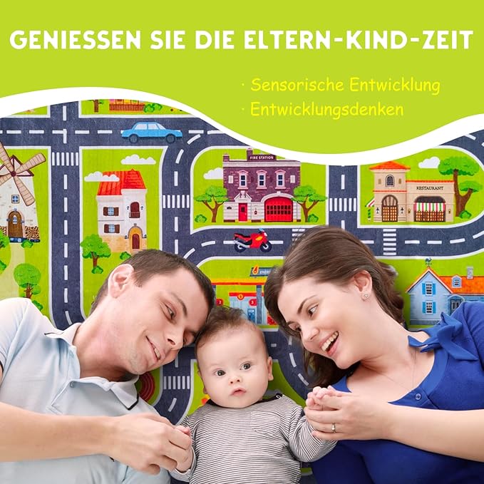 Kids Carpet Car Tack Rug Great for Kids Enjoy City Life- Play Learn Safely and Non Slip- Children Educational Road Rug Traffic Play Mat for Nursery Playroom Classroom（Greem02, 7'10" x 5'3"