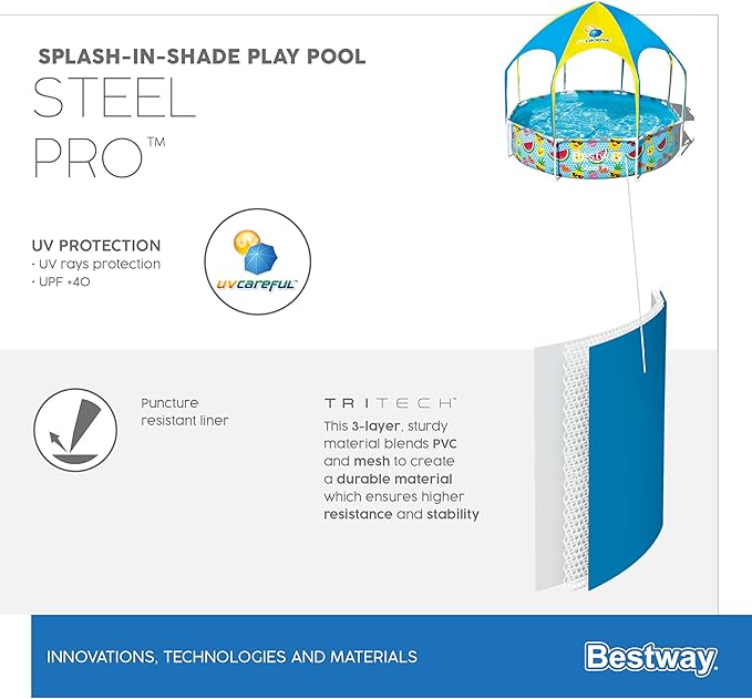 H2OGO! Kids Splash-in-Shade 8-Foot Round Steel Frame Above Ground Pool with Water Mister and Canopy Sunshade, Green Tropical Leaf Print
