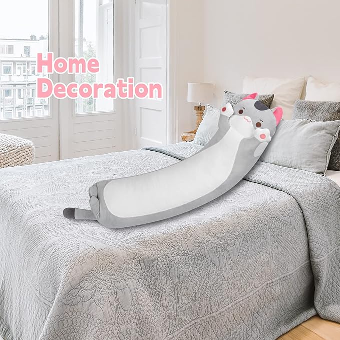 Long Cat Plush Body Pillow, Cute Gray Cat Stuffed Animals Kawaii Plushies, Squishy Body Pillow Plush Toys for Kids Girls Boys (28 Inches)