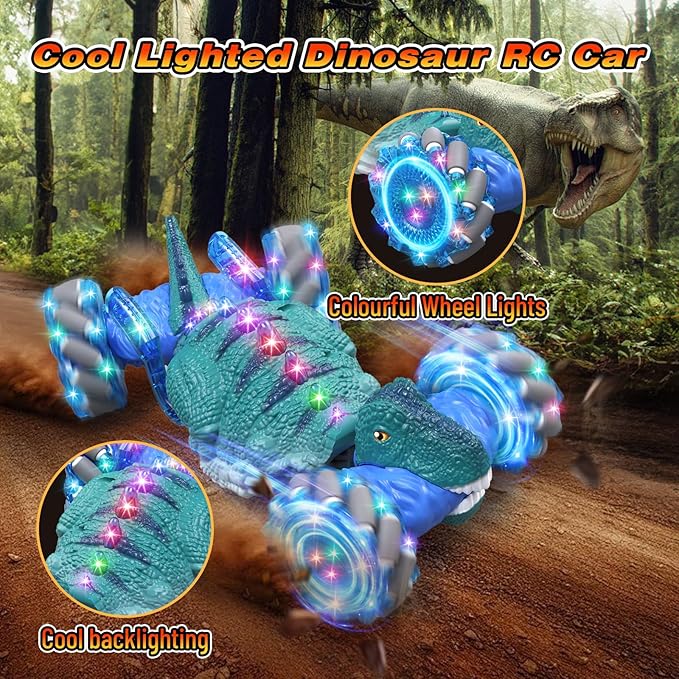 Remote Control Car,Dinosaur Toys car for Kids,2.4GHz LED Gesture Sensing RC Car,4WD Rotation RC Stunt Car with Lights and Music,Dino Toys for Kids Ages 3 4 5 6 7 Gifts for Boys Girls(Blue)