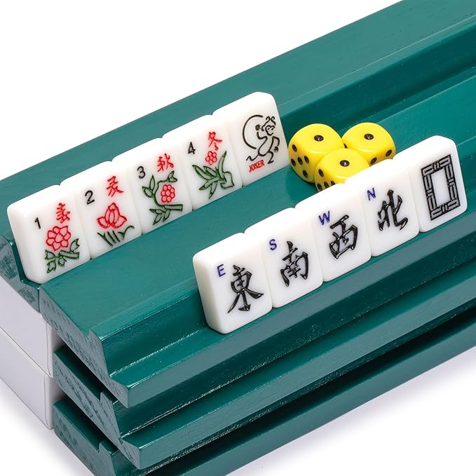 Yellow Mountain Imports "Mah-Jinn, a New Kind of Mahjong for Young Players - Complete Set with 152 Melamine Tiles, 4 Wooden Racks, and Dice