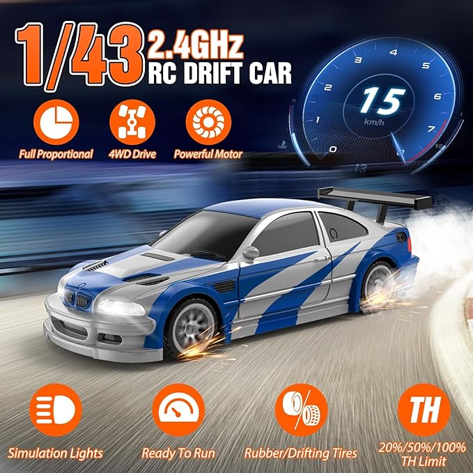 RC Drift Car, 1/43 Mini RC Drift Car with Gyroscope, 2.4GHz Full Proportional Remote Control Cars, 4WD High Speed Racing with Lights, Racing Tires, Model Cars Gift for Adults, Kids, Boys, Girls