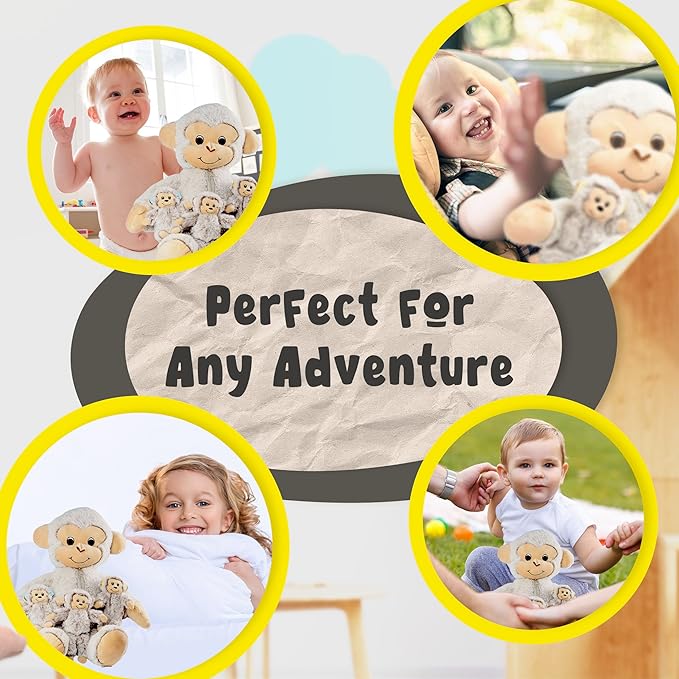 DreamsBe Monkey Stuffed Animal with 3 Baby Monkeys for Boys & Girls - Plush Stuffie with Zippered Pocket for Babies - Monkey Gift for Kids Ages 3 4 5 6 7 8 9 Years