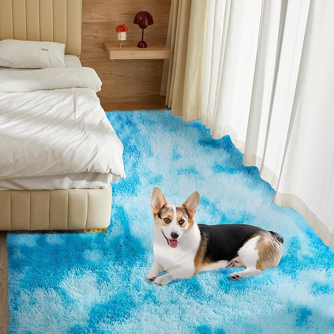 Ultra Soft Rug for Living Room, 4X5.8 Fluffy Shag Area Rug for Bedroom, Modern Shaggy Carpets Fuzzy Rug for Teens Dorm Nursery Home Decor Aesthetic, Upgrade Anti-Skid Durable, Tie-Dyed Blue