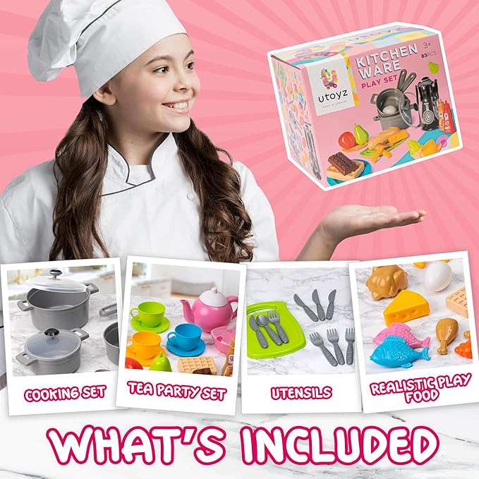 uToyz Kitchenware Playset – 83pcs Toddler Play Food Sets for Kids Kitchen Playset, Mini Toddler Cooking Set with Play Kitchen Accessories & Toy Food, Cooking Toys with Toy Pots & Pans for Kids Ages 3+