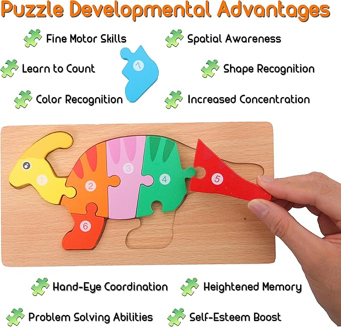 MONTESSORI MAMA Toddler Puzzles for Kids Ages 3-5 Dinosaur Puzzle 5-Pack, Montessori Toys for 3 Year Olds, Toddler Toys Age 2-4 Gifts for 3 Year Old Boys Girls, Wooden Puzzles for Toddlers