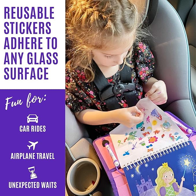 Kids Travel Educational Activity Book with Washable Markers - Car and Airplane Activities, Learning Toys for Toddlers- Search and Find, Reusable Stickers for Ages 4, 5, 6 (Princess)
