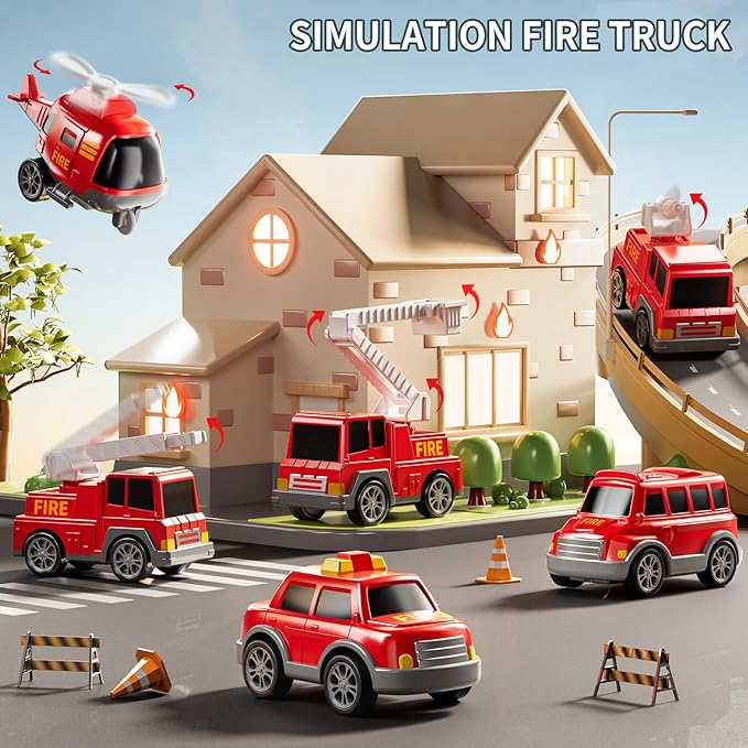 7-in-1 Fire Trucks for 3 4 5 6 Years Old Boys - Transport Car for Toddlers 4-6, Sound and Light Kids Toys for Ages 2-4, Gift for Ages 5-7, 4-8 Year Old Girl Birthday Gifts