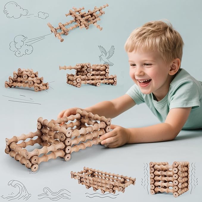 TZJ102, Wooden Building Blocks for Kids, 120Pcs WAVING Stacking Toys, Durable & Safe Wood, STEM Learning Toys with Canvas Bag & Parent-Child Cards, Ideal for Home, School, Travel & Outdoor Fun