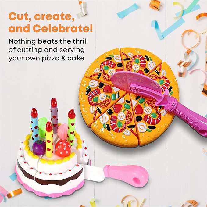 FUNERICA Play Food Goodies Set with Storage Box - Features Cutting Pizza, Ice Cream, Toy Birthday Cake, Fries, Dessert – Pretend Kitchen Toys for Toddlers, Boys, Girls